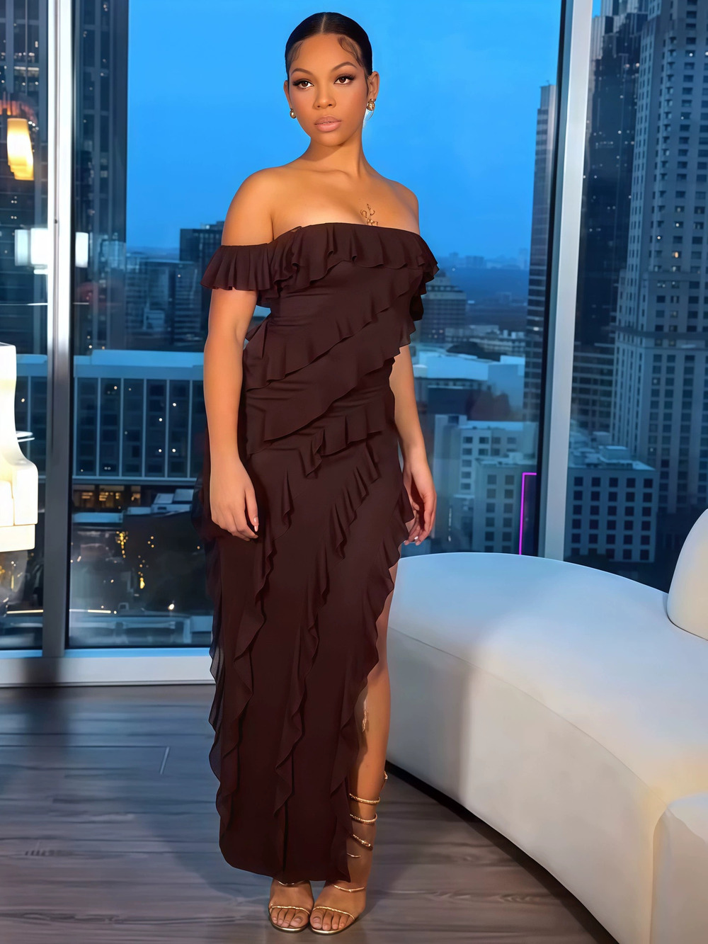 Zara Spring Bodycon Solid Strapless Side Slit Ruffle Hem Evening Dress